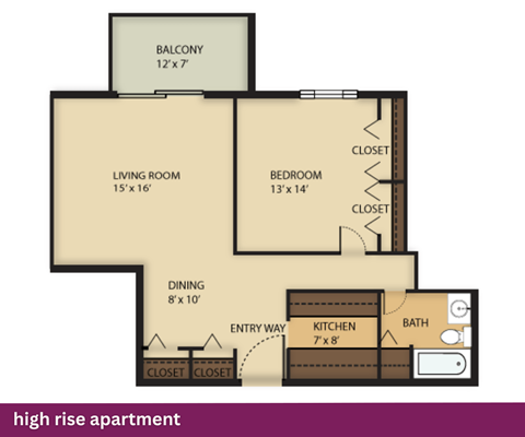 Floor plan for 1 bed, 1 bath, 840 sqft